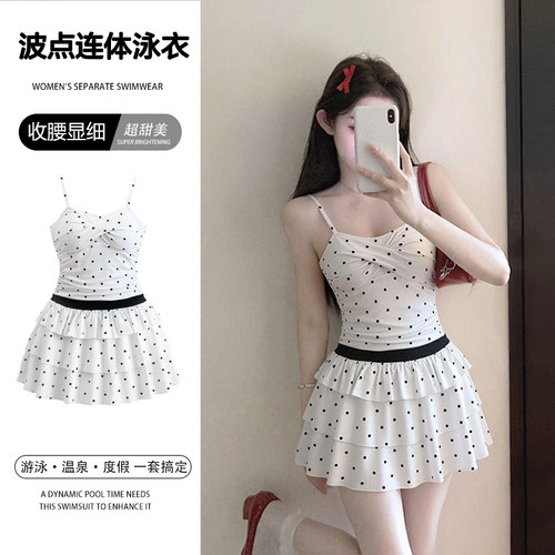 泳衣女时尚吊带复古波点连体裙式显瘦遮肚纯欲ins风保守度假泳装