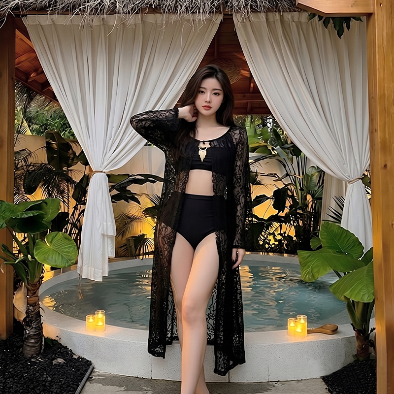 黑色蕾丝三件套泳衣女长袖罩衫高腰显瘦分体比基尼泡温泉度假泳装
