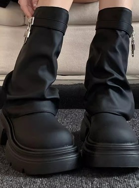 甜酷网红短靴女士2024秋季新款靴子堆堆靴洋气复古春秋厚底裤管靴