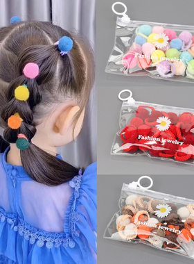 儿童秋冬韩版毛绒球球发绳卡通可爱弹力编发皮筋新年红色喜庆发饰