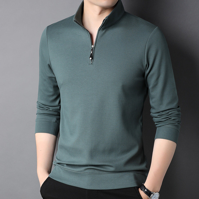 中青年长袖T恤男士立领纯色棉卫衣春秋装薄款polo衫男体恤上衣服