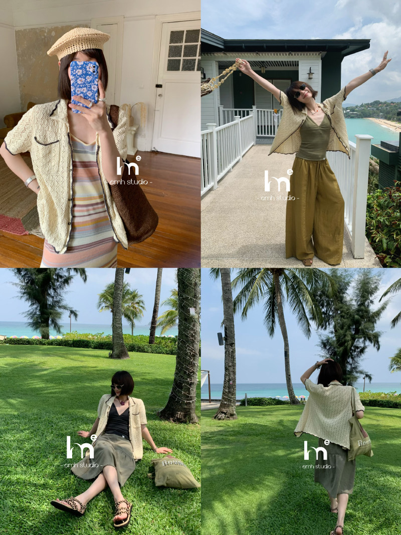 EMH ISLAND HOLIDAYS VINTAGE THREE-DIMENSIONAL CROCHET CUT-OUT WEAVE CONTRASTING POLO NECK KNITTED CARDIGAN SUN PROTECTION BLOUSE