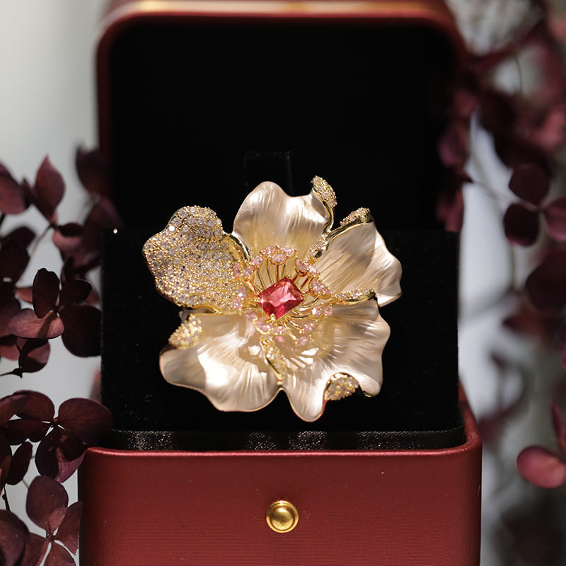 新品精工高品质珐琅彩牡丹花胸针女文艺复古旗袍胸花送妈妈礼物