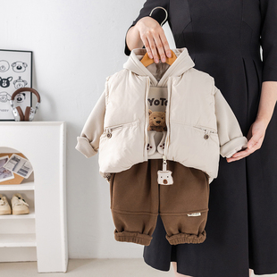 男童冬季套装宝宝加绒加厚马甲三件套小童棉服卫衣一体绒保暖外穿