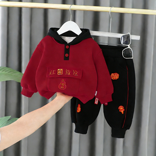 男童中国风刺绣唐装套装宝宝秋冬加绒连帽卫衣两件套拜年服2026潮