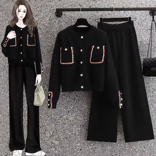 新款 针织上衣高腰阔腿长裤 中年大码 小香风套装 妈妈两件套 女装 秋季