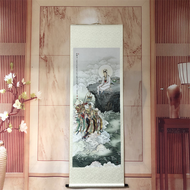 夏荆山《五龙王朝拜观音图》佛画国画人物工笔画水墨画微喷复制画