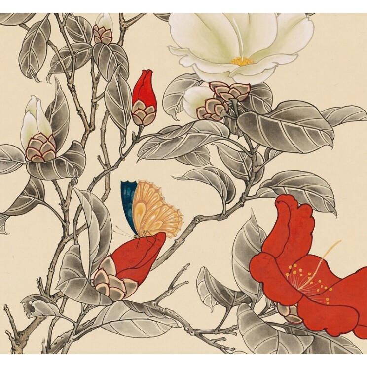 于非庵红白茶花近现代工笔花卉