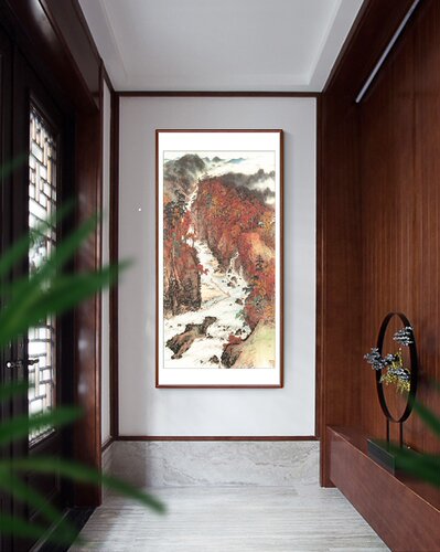 关山月 秋溪放筏 名家仿古山水画国画真迹微喷复制装饰画临摹学习
