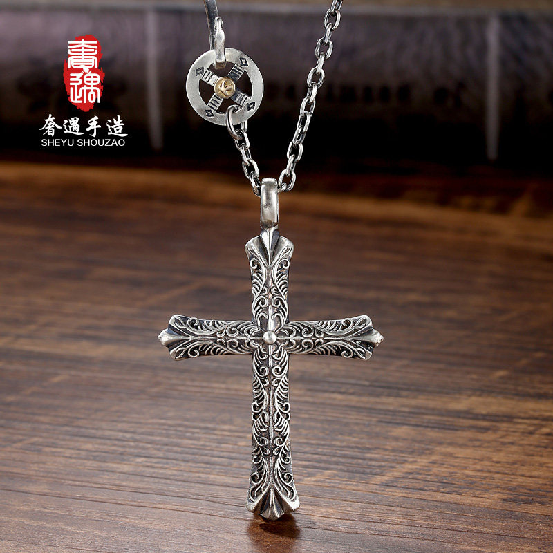 奢遇godsuns925纯银唐草十字架项链男个性复古潮吊坠毛衣链送礼物