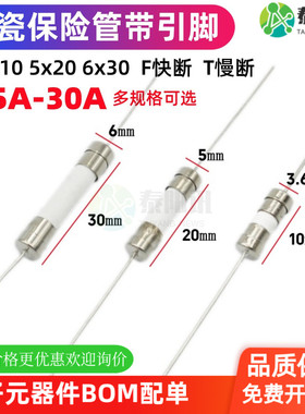 陶瓷带引脚保险丝管3.6*10/5*20/6x30 0.5A1A2A3A5A10A20A25A30A