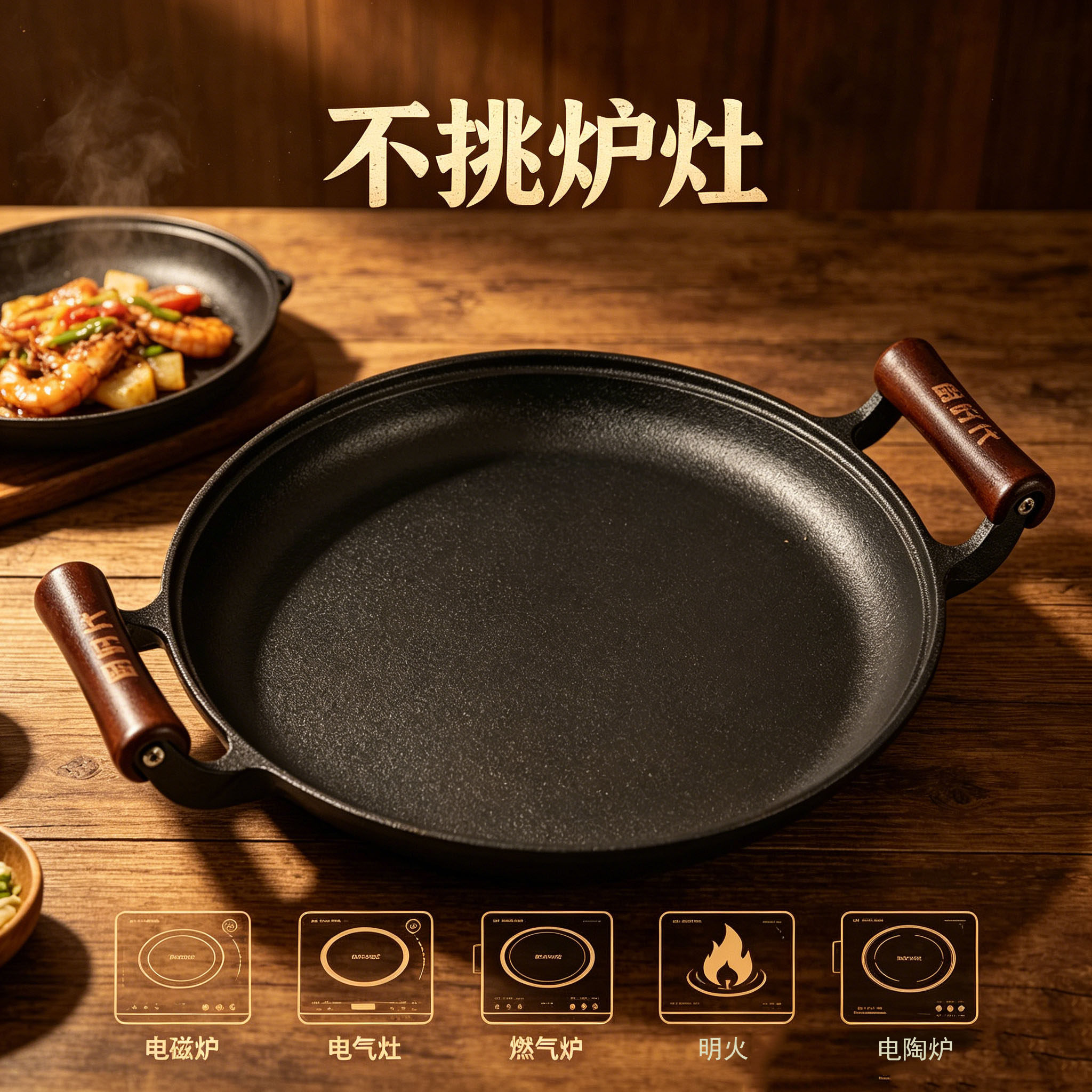 木柄平底煎锅烙饼锅家用平底锅铸铁煎饼锅鏊子摊煎饼果子工具不粘