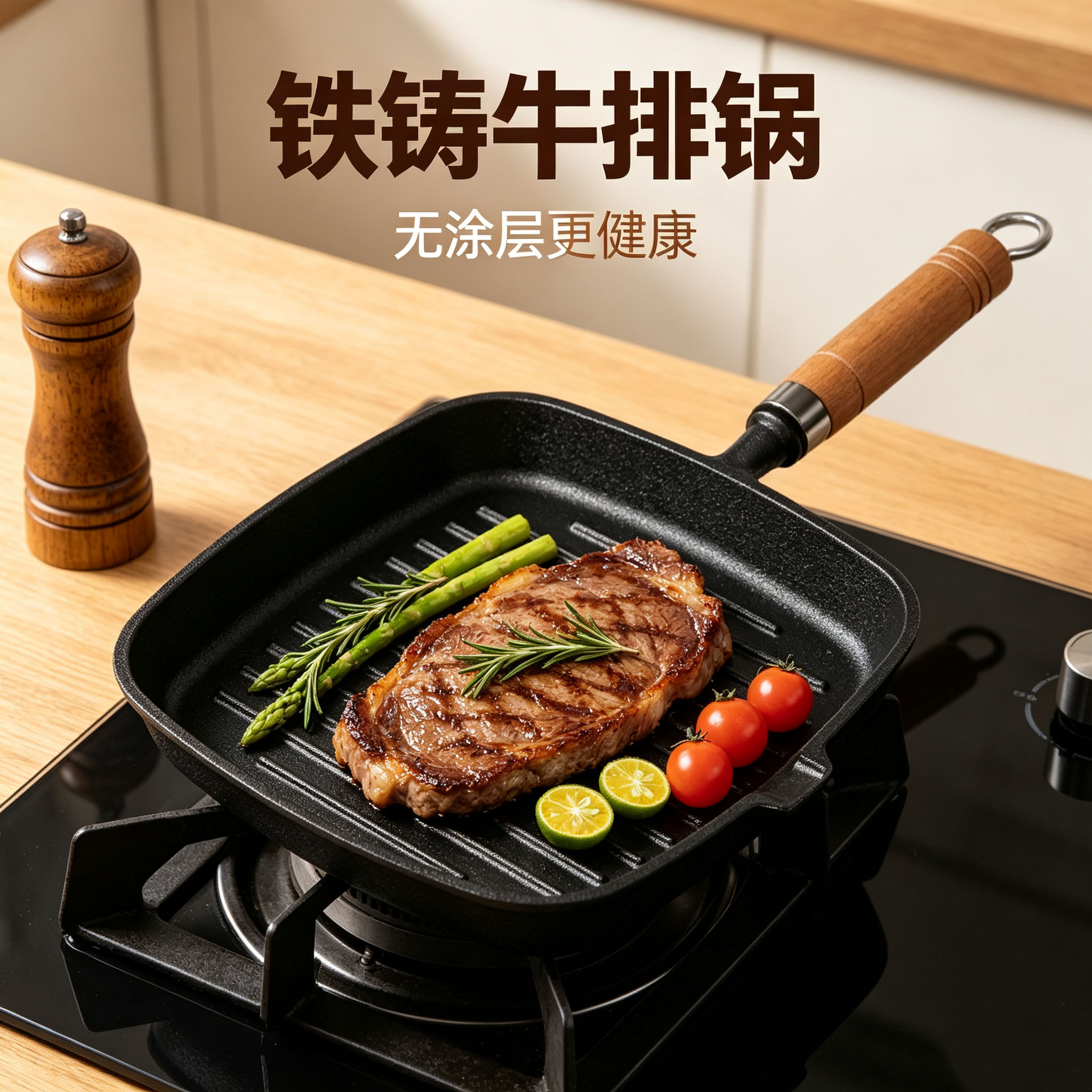 加厚木柄牛排锅铸铁无涂层不粘家用条纹牛扒专用铁板煎盘