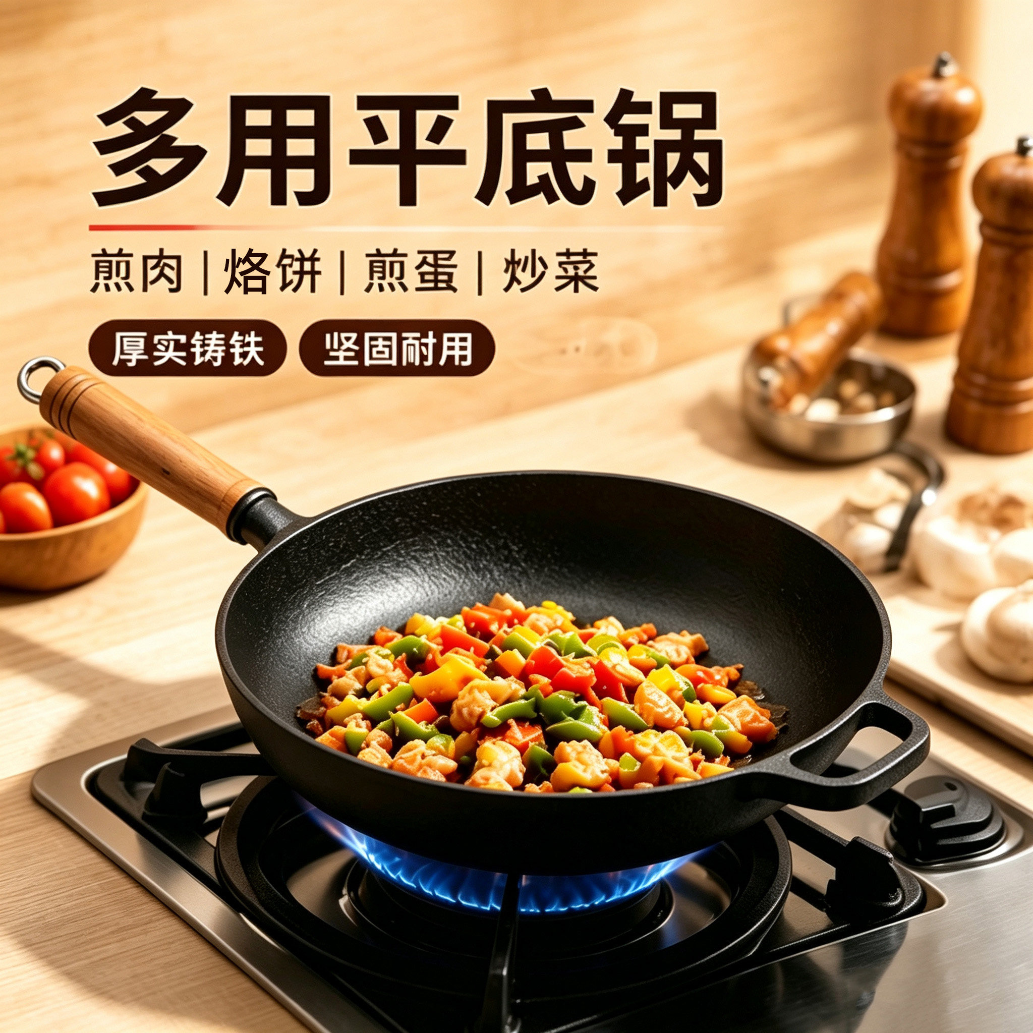 厨时代木柄铸铁平底锅家用煎锅无涂层不粘锅牛排烙饼锅燃气通用