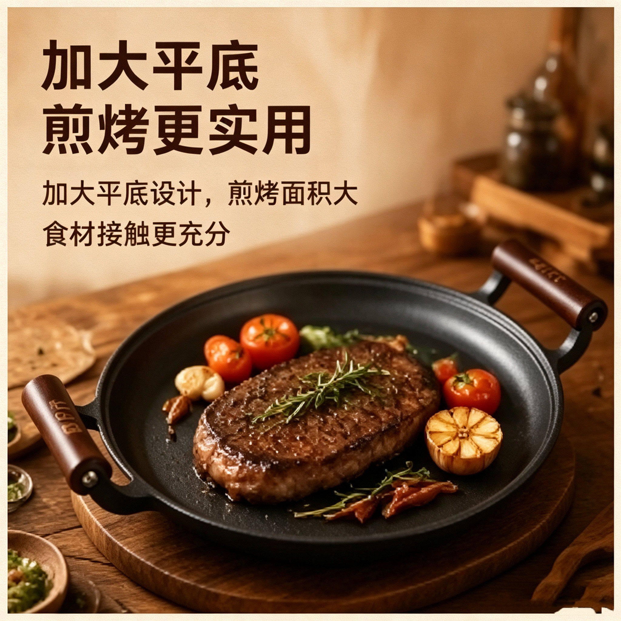 木柄平底煎锅家用铸铁烙饼锅