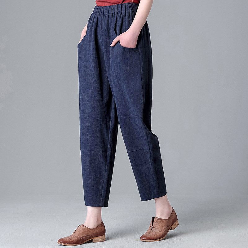布琳达棉麻裤女夏季九分裤薄款亚麻休闲哈伦裤复古宽松显瘦萝卜裤