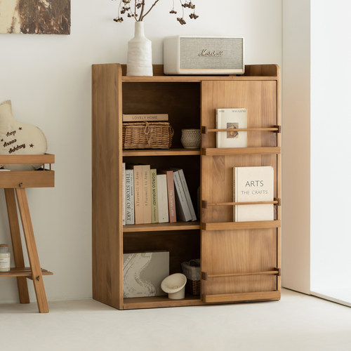 原木风推拉门落地书柜展示柜