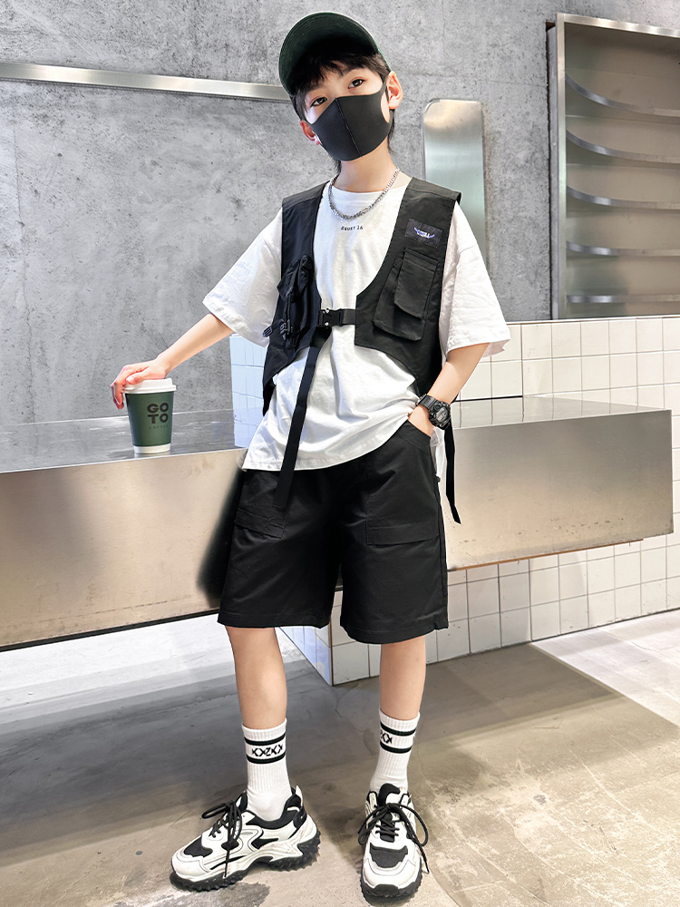 男童套装夏季2026新款大儿童网红街舞三件套男孩酷帅潮牌炸街夏装