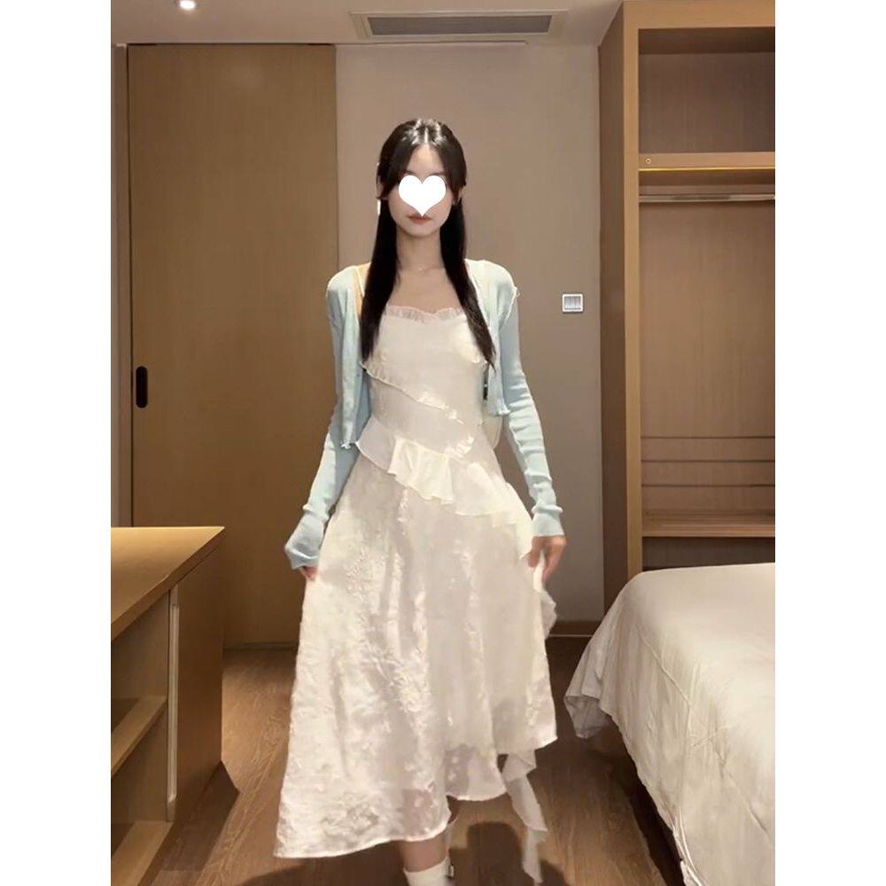 时尚韩系甜美法式吊带连衣裙子女夏季收腰显瘦气质仙女长裙子套装