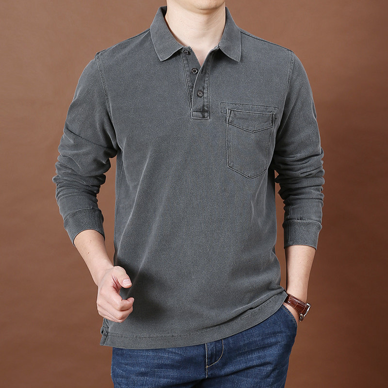 简顿加厚纯棉长袖t恤翻领polo衫男士大码宽松中青年男装体恤衫潮