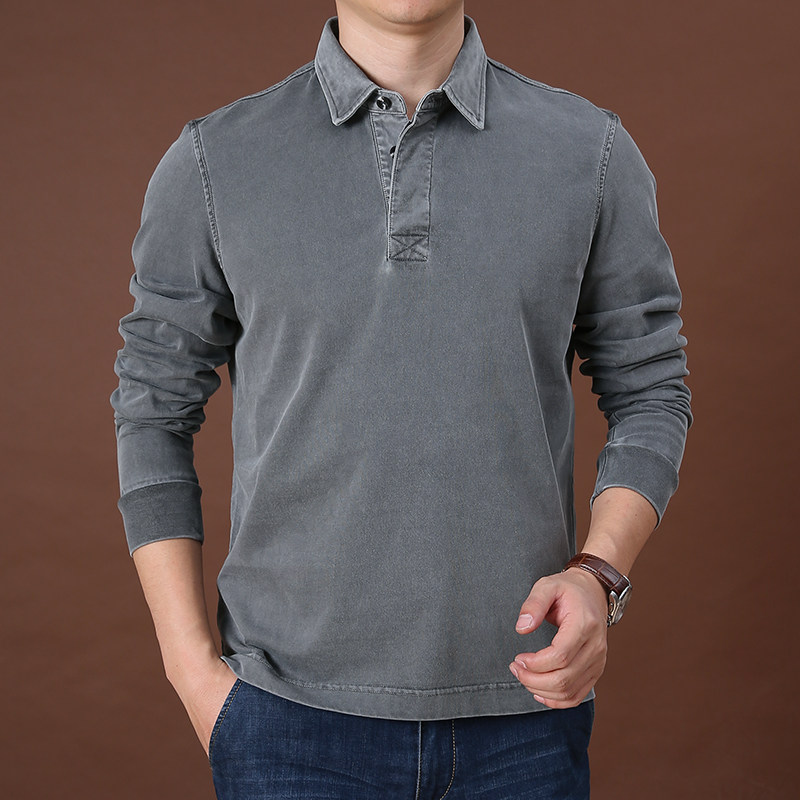 水洗纯棉翻领长袖t恤男士全棉商务宽松POLO衫男装秋季纯色体恤