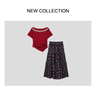 D1528157 半长裙套装 8157气质休闲女 优雅轻奢T恤 新款