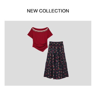 新款优雅轻奢T恤+半长裙套装D1528157-8157气质休闲女