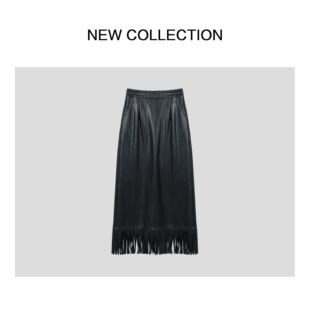 高腰A字皮质下摆流苏半身裙