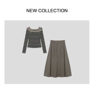 日常通勤穿搭条纹上衣 D1538038 半长裙套装