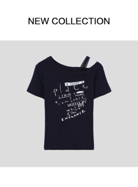 拼接斜领宽松型通勤蕾丝T恤黑色百搭蓝色T352503B-2503