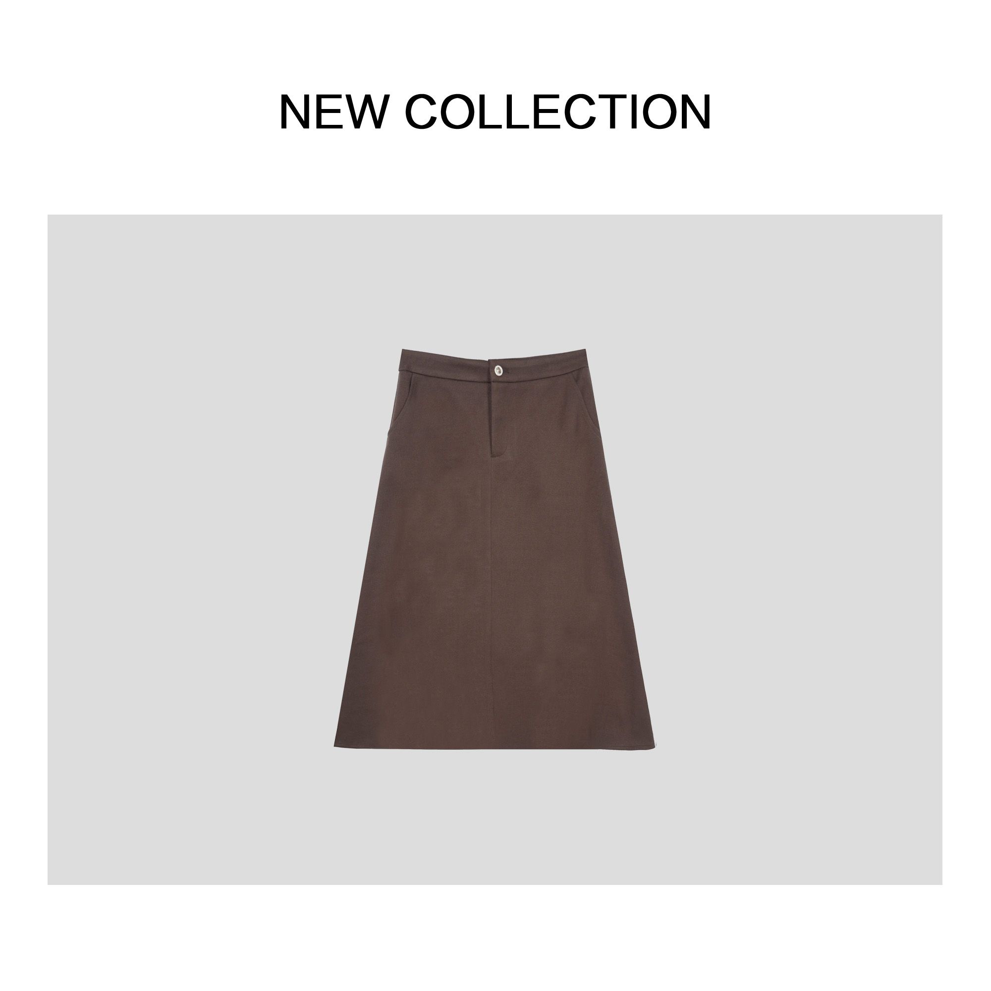 简约纯色A字中长裙E5F56006-6006秋冬半身裙半裙棕色