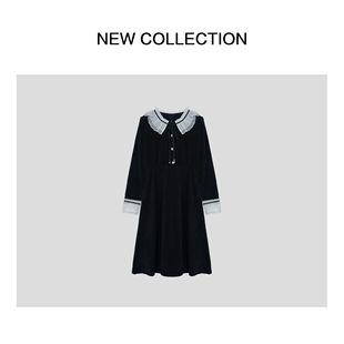 复古优雅蕾丝领口 黑色长袖连衣裙 L1F58006