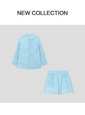 夏季浅蓝衬衫短裤女装两件套