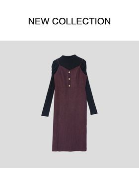 复古优雅吊带拼接长袖连衣裙 D3F58037