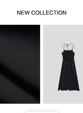 L5F26008经典黑色挂脖细肩带收腰长裙