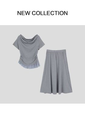简约现代风灰色两件套女春季显瘦气质洋气半身裙套装