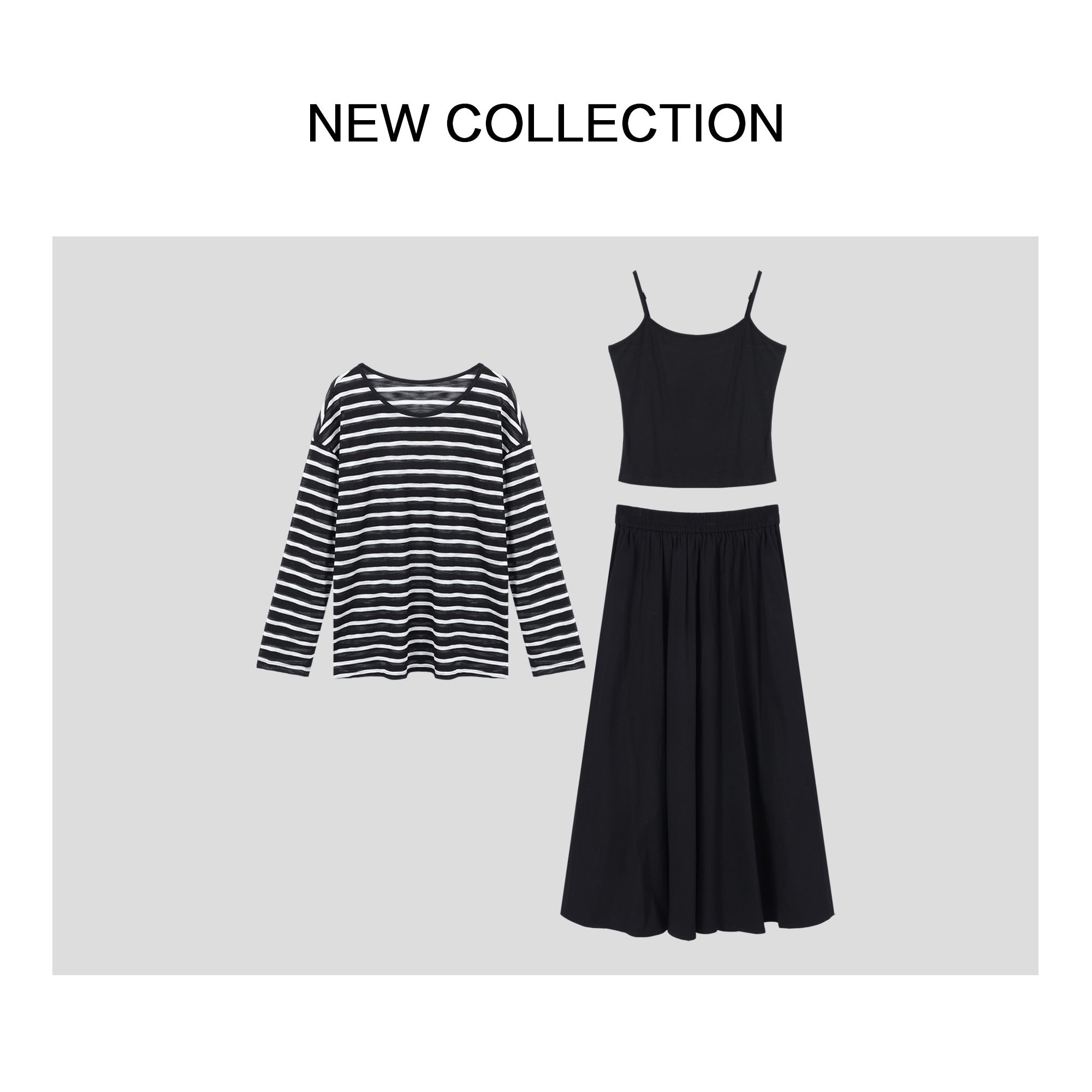 条纹黑色长袖上衣+半长裙套装D3538010-8010