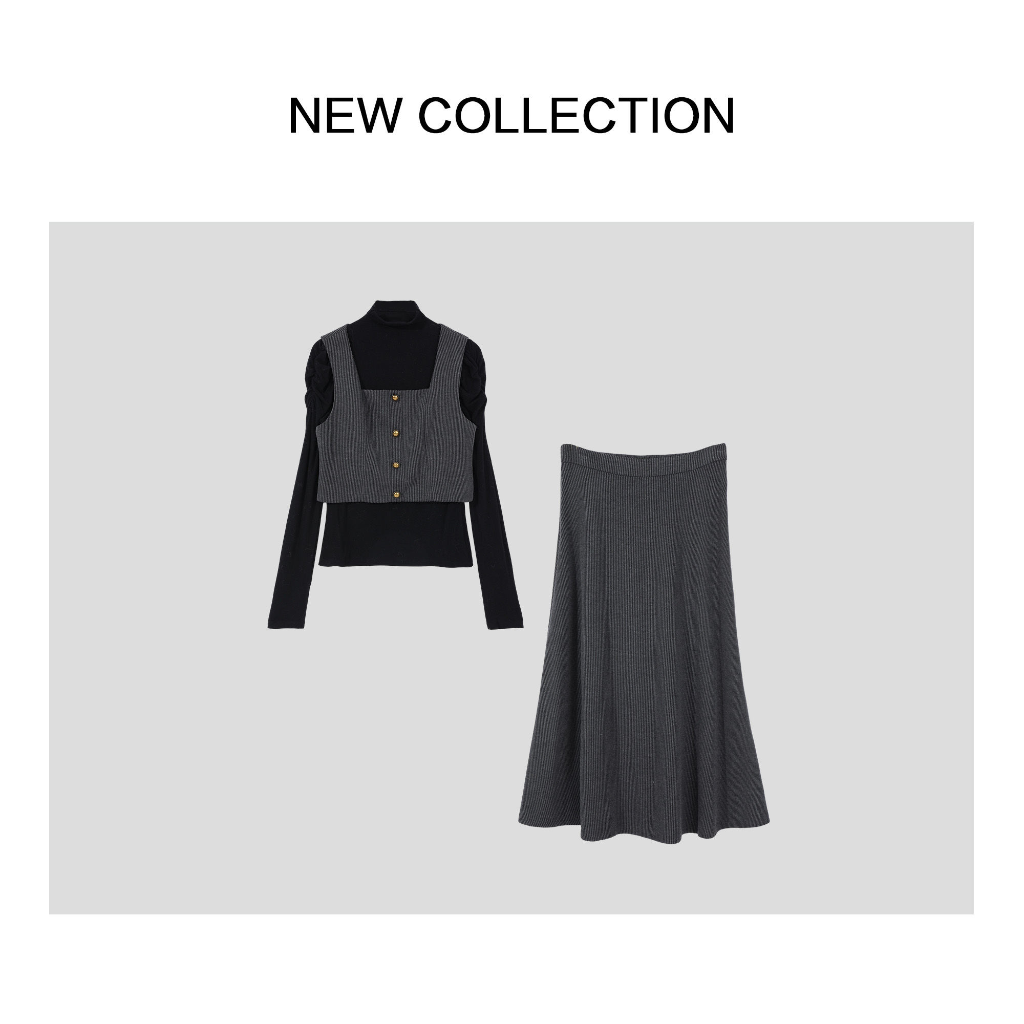 新款针织长袖T恤+马甲+半长裙套装D3F58028-8028裙子