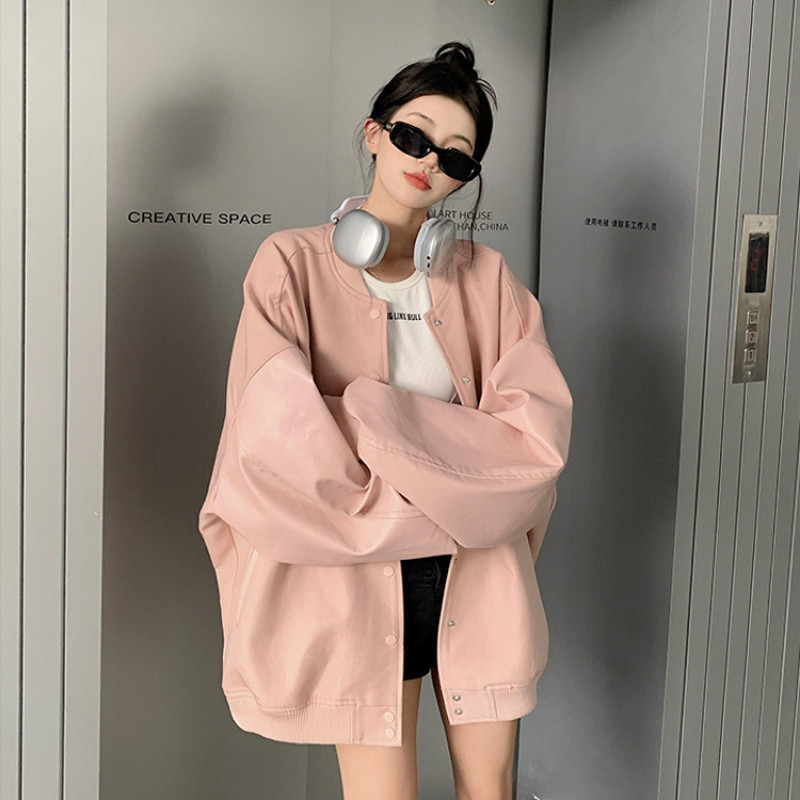 粉色棒球服外套女春秋季ins美式复古学生韩版宽松小个子港风夹克