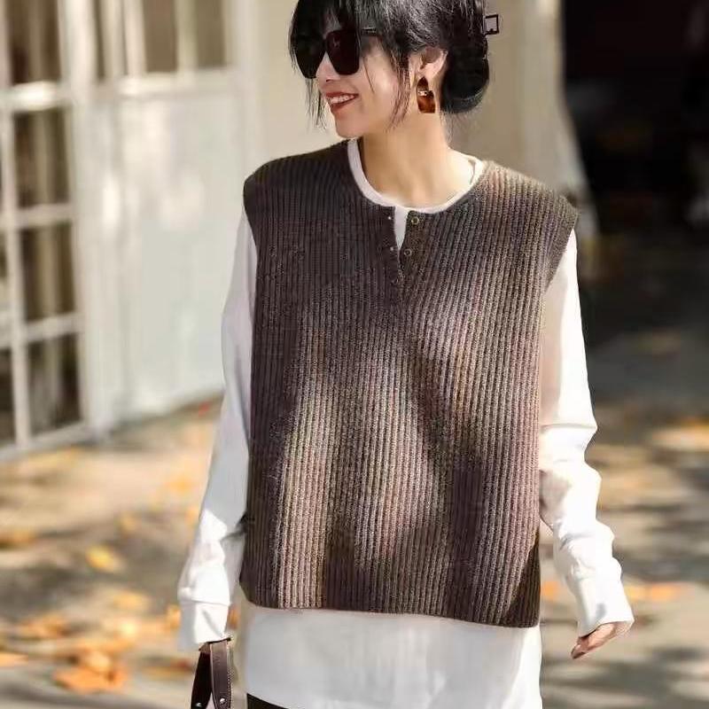 2025春秋季新款针织马甲女百搭宽松女士毛衣背心韩版洋气圆领上衣