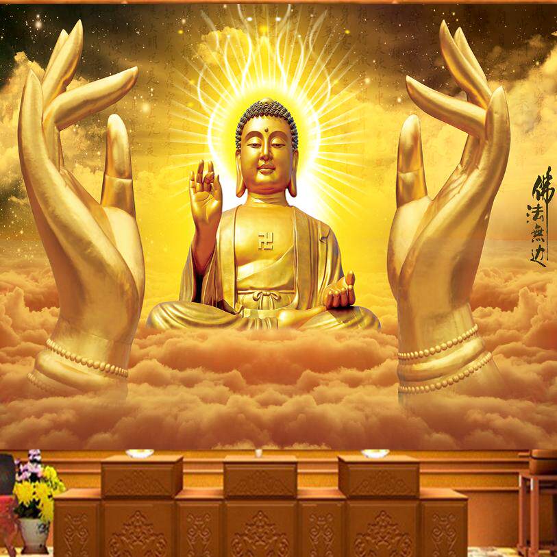 佛光普照莲花背景壁画佛堂供桌后定制壁画