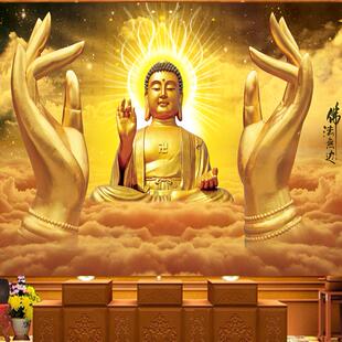 佛光普照莲花背景壁画佛堂供桌后面背景墙寺庙礼佛莲花图案佛壁纸