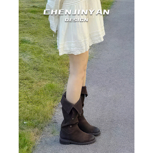 吴千语同款荒野来信西部牛仔靴女复古风骑士靴翻折显瘦褶皱堆堆靴