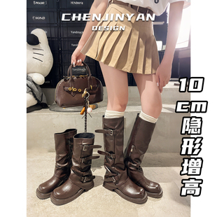牛皮版！10CM内增高小个子长筒靴女美拉德中筒靴骑士靴褶皱裤管靴