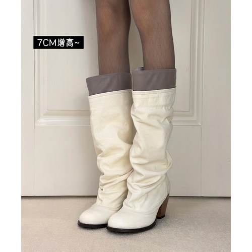牛皮版~宽筒7CM增高粗跟堆堆靴女