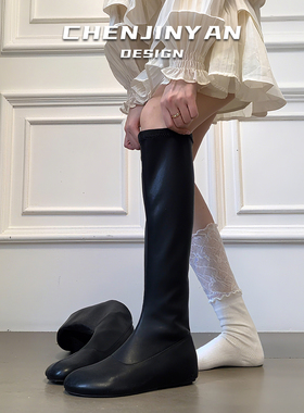 小羊皮！欧美圆头显瘦长靴女黑色简约内增高瘦瘦靴百搭平底弹力靴