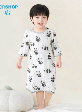 婴儿熊猫七分袖睡袍春夏薄款宝宝抗菌优可丝睡裙防踢儿童空调睡衣