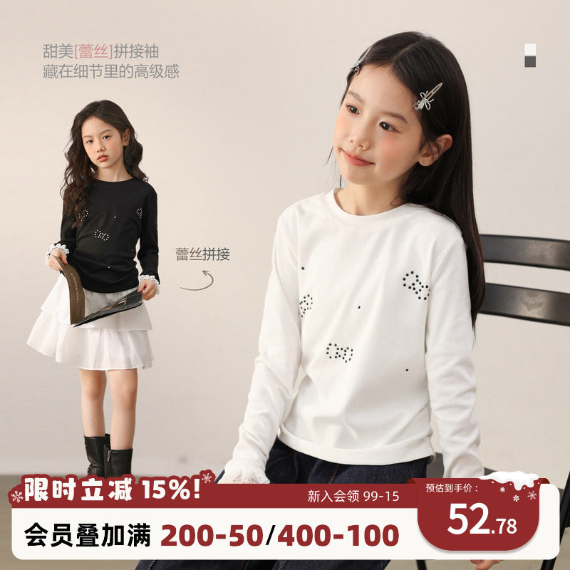 NORNOR陈大猪童装女童长袖t恤秋季新款洋气蕾丝袖上衣儿童打底衫