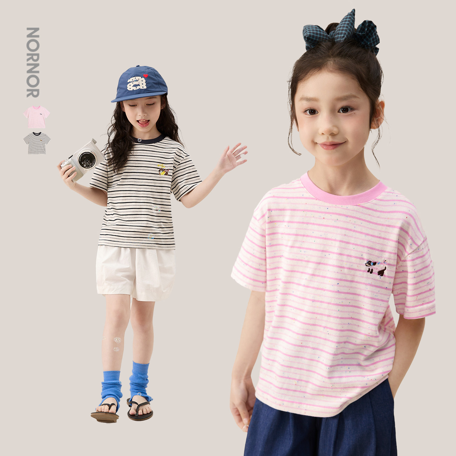 NORNOR女童夏季轻薄条纹T恤图片