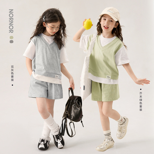NORNOR陈大猪女童运动套装夏季薄款纯棉透气好看儿童休闲t恤短裤